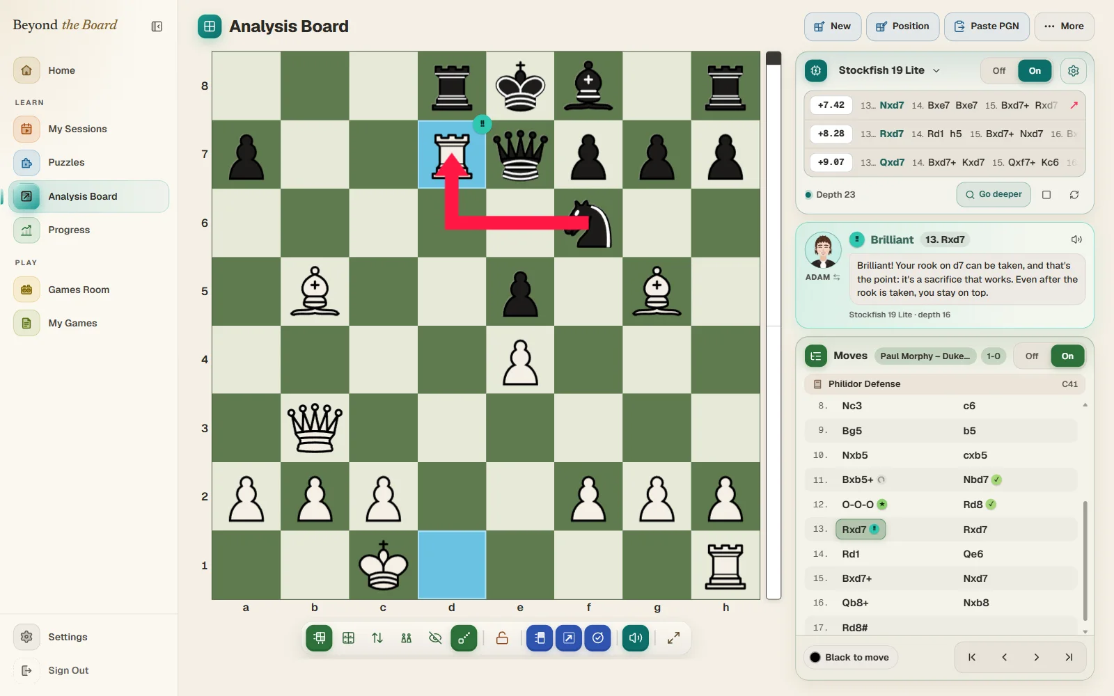 The analysis board: the move coach explains the last move in plain words, with the engine's view beside it (demo data)