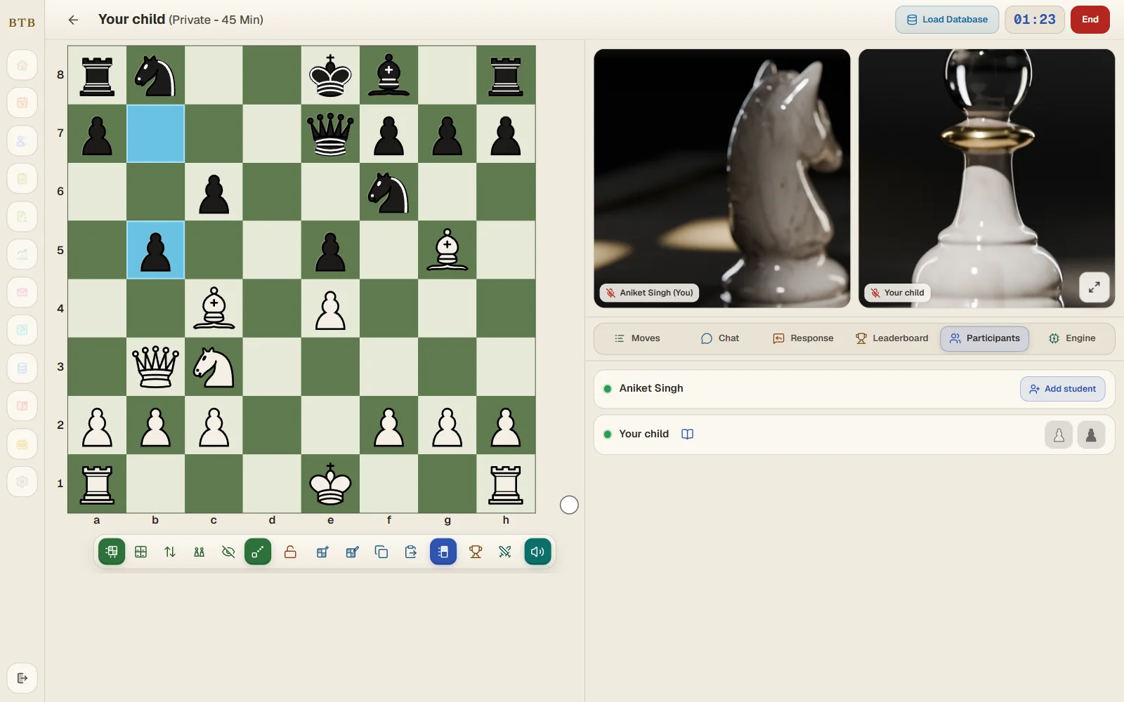 A live lesson: the shared board the coach controls, the lesson's tools and the video call (demo data)